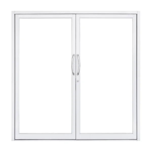 Белые Двойные Стеклянные Двери Стальной Ручкой Изолированы Белом Фоне Современный — стоковое фото