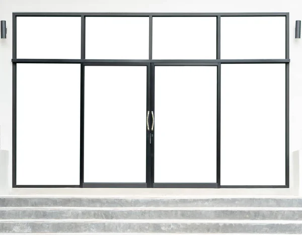 Duże Podwójne Otwarte Drzwi Szklane Izolowane Białym Tle Wnętrze Czarnego — Zdjęcie stockowe