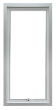 Modern temiz paslanmaz çelik pencere beyaz arka planda izole edilmiş, ofis tasarımı için boş iç cam çerçeve unsuru