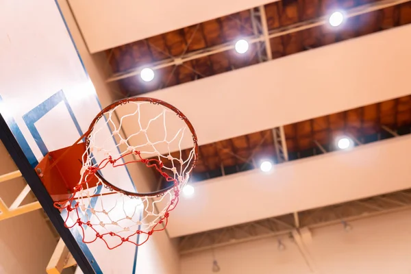 Low Angle View Basketball Hoop Gym Ceiling Spotlight Sport Arena — Stock Photo, Image