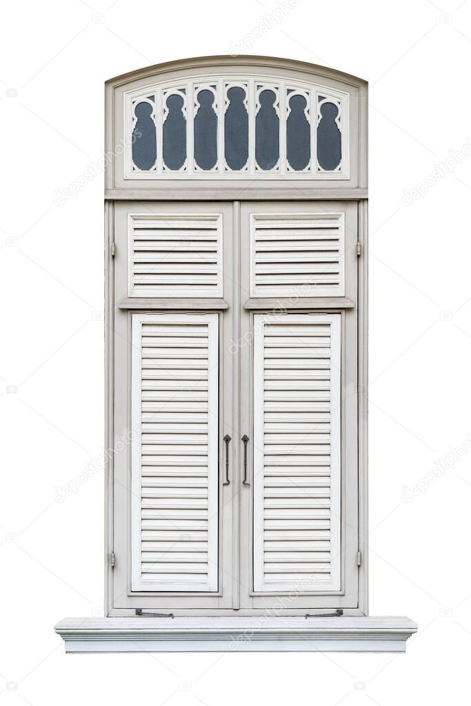 Realistic classic style wooden window frame isolated on white background, old vintage pane of royal palace terrace architecture