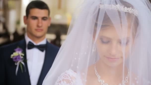 Lo sposo solleva il velo da faccia di sposa — Video Stock