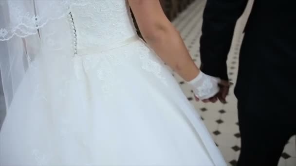 Happy bride and groom walking — Stock Video