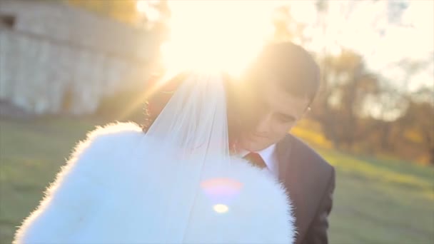 Bom casal tem um bom tempo no castelo e parque — Vídeo de Stock