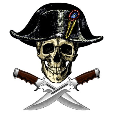 Pirate skull in hat with two knives clipart