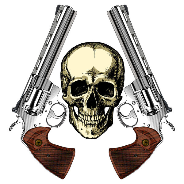 Череп человека с двумя серебряными револьверами на пустом фоне
