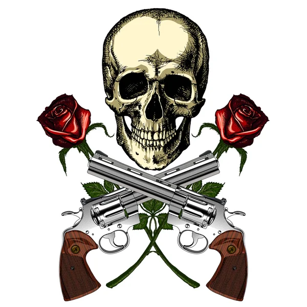 Un teschio umano con due pistole e due rose rosse — Vettoriale Stock