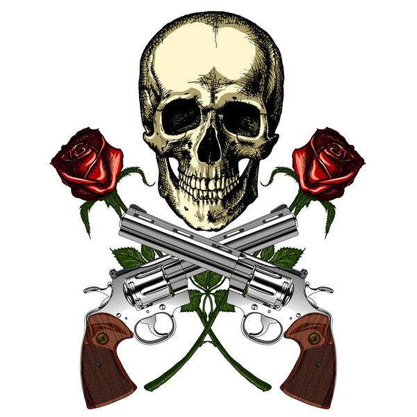 A human skull with two guns and two red roses 