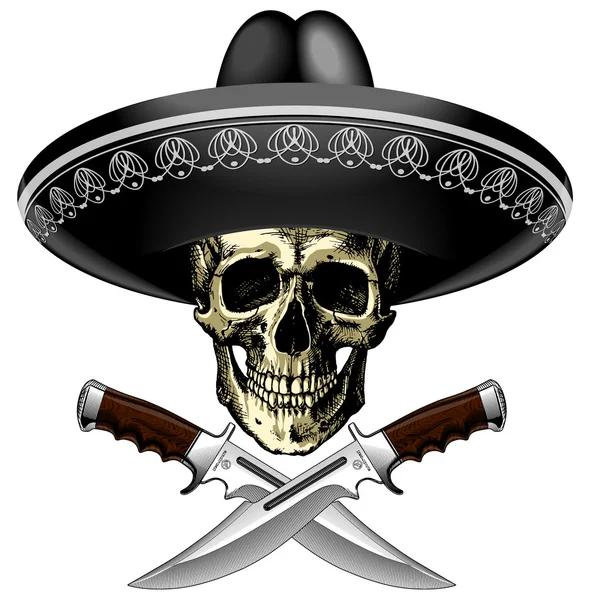 Calavera en sombrero con dos cuchillos sobre fondo en blanco — Archivo Imágenes Vectoriales