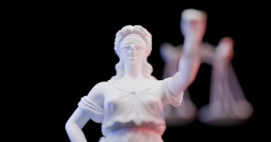 Bayan Adalet büstü kör etti. Orijinal 3D model. Adil kadın kanunun ve adaletin simgesi. ince ışık, siyah arkaplan..