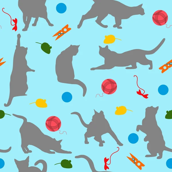 stock vector Seamless pattern with cats player. Cats and toys in flat style on blue background. Vector illustration. Can be used for textile, book cover, packaging, website background, labels.