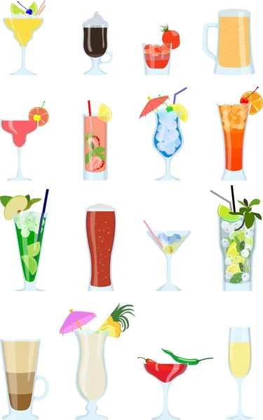 Set van verschillende soorten alcohol cocktails en andere dranken geïsoleerd op een witte achtergrond in vlakke stijl. Vectorillustratie. Collectie van alcoholische en non-alcoholische drankjes en cocktails. — Stockvector