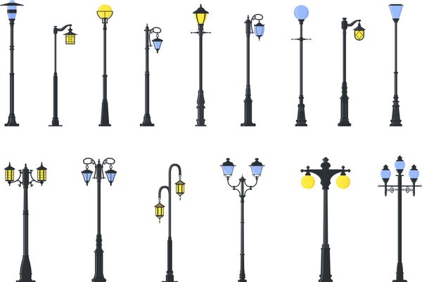 Set of different types of street lamps isolated on white background in flat style. Vector illustration.