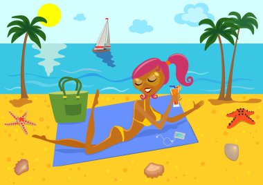 Palmiye ağaçları ile sahilde kokteyl ile bikinili güzel kız. Yaz tatil kavramı arka plan.