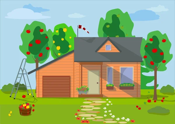 Заміський дерев'яний екологічний будинок з фруктовими деревами і квітковим газоном в рівному стилі. Векторні ілюстрації . — стоковий вектор