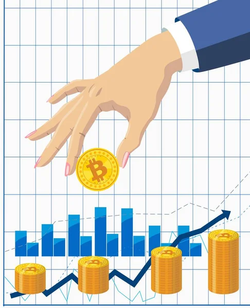 Concept of growth of bitcoins. Gold bitcoin in the hand. Vector — Stock Vector