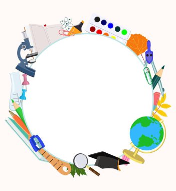 Okul malzemelerinin olduğu yuvarlak kartpostal. Okul konsepti. Vektör illüstrasyonu