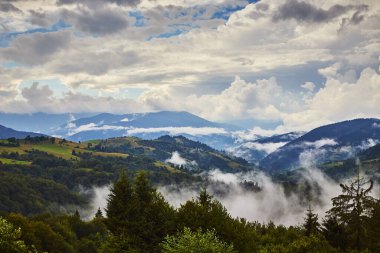 Synevyr geçidinden Ukrayna 'nın Transcarpathian bölgesinin Mizhhirya ilçesindeki Ulusal Doğal Park Synevir' deki sisli dağlara