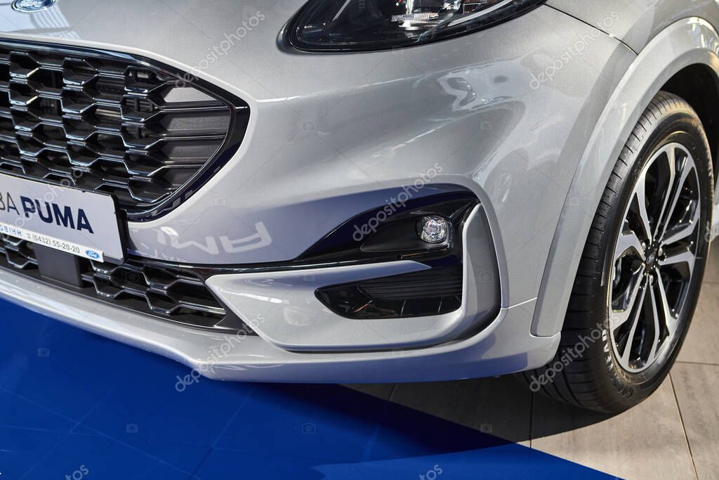 Vinnitsa, Ukraine -October 19, 2020. Ford Puma - new model car presentation in showroom - headlight