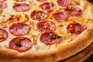 Geleneksel İtalyan pizzası salamlı, mozarellalı ve yeşil çimenli fesleğenli.