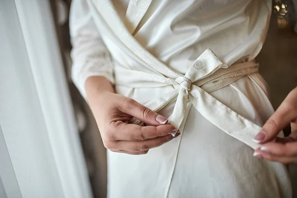 Girl Ties Belt Her Robe Standing Window Woman Getting Ready — Stock Photo, Image