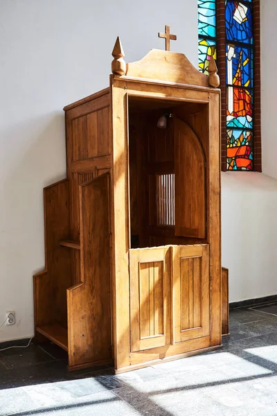 Ancien Stand Confession Bois Dans Cathédrale Saint Joseph Ukraine — Photo