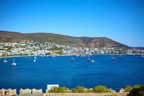 View Aegean Sea Traditional White Houses Marina Bodrum Castle Turkey — Stock Photo, Image