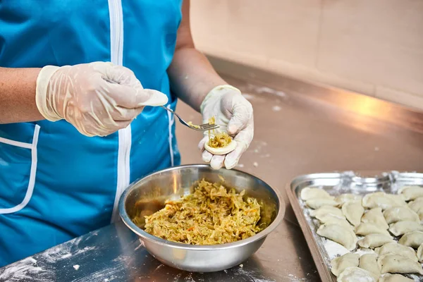 Chef hands sculpt dumplings with stewed cabbage. Delicious homemade food.