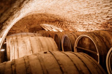 İtalya, Porto, Portekiz ve Fransa 'da serin ve karanlık mahzenlere dizilmiş şarap dolu eski geleneksel ahşap fıçılar. 