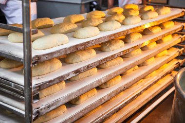 Üretimde fırında pişirmeden önce fırında çiğ hamur ekmeği.