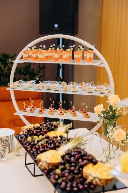 Resmi bir etkinlikte tatlı, kanepe ve taze meyveyle birlikte şık yemek standı. Yüksek kalite fotoğraf