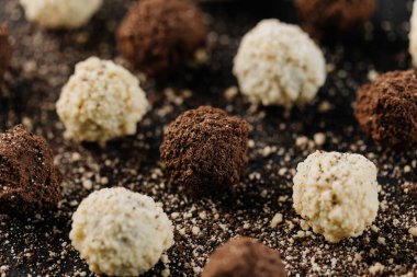 Siyah arka planda hindistan cevizi ve kakao mantarı yakın plan. Yüksek kalite fotoğraf