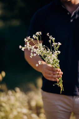 Güneş ışığında elinde bir buket papatya tutan adam, romantik bir jest. Yüksek kalite fotoğraf