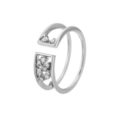 Elmas kümeleri olan, modern beyaz altın açık baypas yüzüğü, beyaz üzerine lüks mücevherler. Yüksek kalite fotoğraf