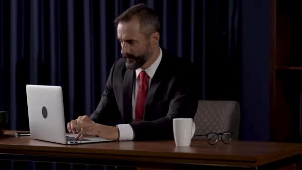 Executive Business Man Beard Working Using Laptop Smartphone Senior Male — Stock Video