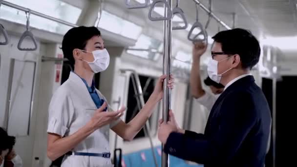 Business Man Woman Face Masks Greeting Each Other Train Metro — Stock Video