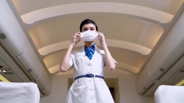 Woman Flight Attendant Cabin Crew Wearing Face Mask Cover Her — Stock Video