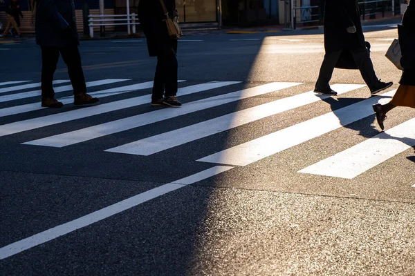 Silhouet Bovenaanzicht Van Mensen Lopen Voetgangersoversteekplaats Bij Kruising Straat Avond — Stockfoto