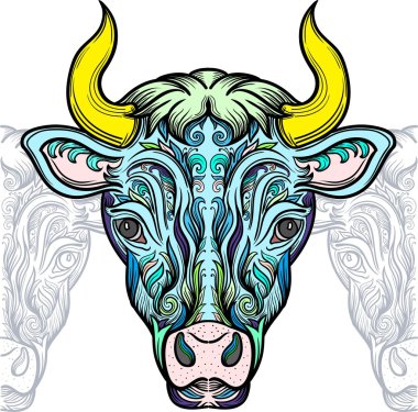 Dekoratif desen ellement ile boğa. Vektörel clipart