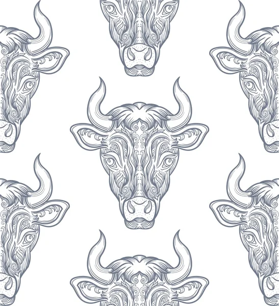 Seamless pattern with bull. Cow with decorative pattern ellement. Vector clipart.