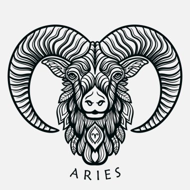 Zodyak koç el çizilmiş romantik güzel çizgi sanat. Vektör illüstrasyon izole. Etnik tasarım, mistik burç sembolü kullanımınız için. Dövme sanatı, boyama kitapları için idealdir. Zentangle tarzı.
