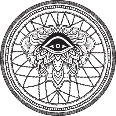 Göz ile Kızılderili Hint tılsım dreamcatcher. Etnik, boho şık, kabile sembolü. Boyama kitabı, dövme, mehendi için. Vektör hipster illüstrasyon beyaz izole.