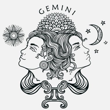 Hand drawn romantic beautiful line art of zodiac gemini. Vector illustration isolated. Ethnic design, mystic horoscope symbol for your use. Ideal for tattoo art, coloring books. Zentangle style. clipart