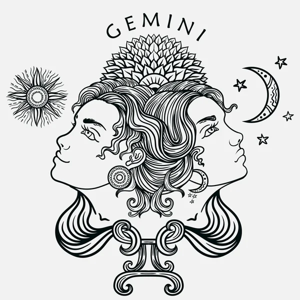 Dessiné Main Romantique Belle Ligne Art Gemini Zodiaque Illustration Vectorielle — Image vectorielle