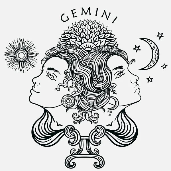 Handritade Romantisk Vacker Linje Konst Zodiac Gemini Vektor Illustration Isolerad — Stock vektor