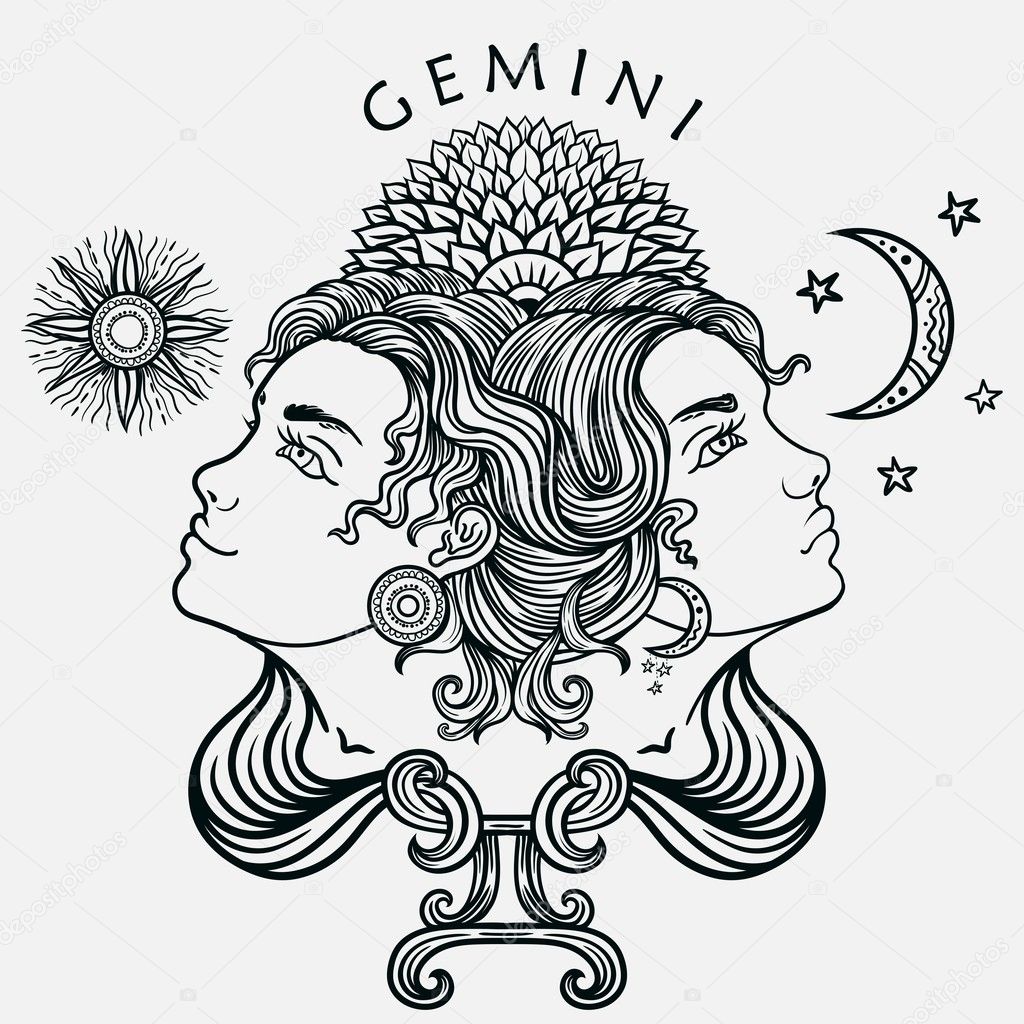 Hand drawn romantic beautiful line art of zodiac gemini. Vector illustration isolated. Ethnic design, mystic horoscope symbol for your use. Ideal for tattoo art, coloring books. Zentangle style.