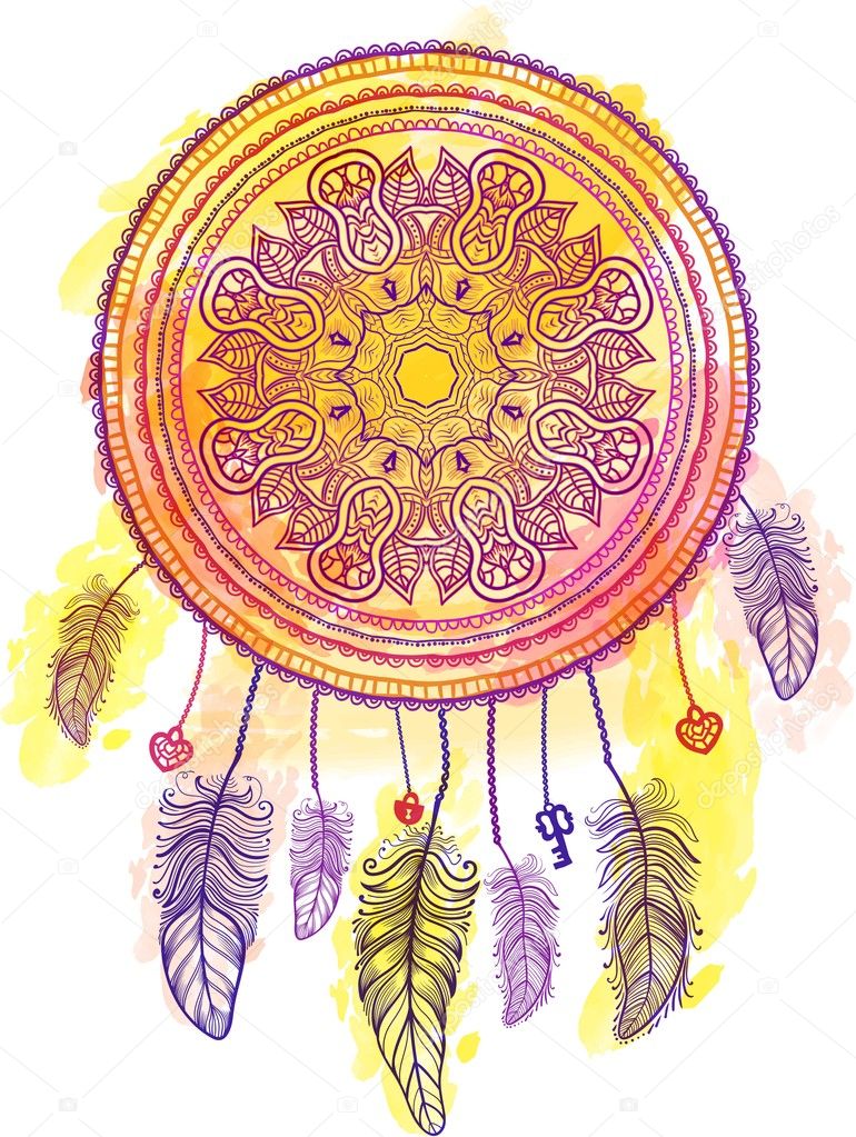 Hand drawn Native American Indian talisman dreamcatcher with mehendi mandala, keys and feathers. Vector hipster watercolor. Ethnic design, boho chic, tribal symbol. Coloring book for adults.