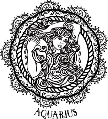 Aztek filigran çizgi sanat zentangle tarzı ayrıntılı Kova. Dövme, yetişkin için boyama sayfası. T-shirt tasarımı. Zodyak Kova kabile, dekoratif yün desen. su Vektör sürahi ile güzel kadın