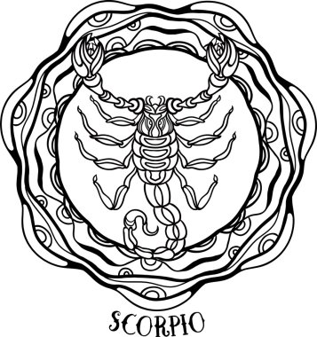 Detaylı Akrep Aztek Telkari hat sanat zentangle tarzı. Dövme, sayfa için yetişkin renklendirme. T-shirt tasarım. Burç Başak kabile, dekoratif yün desen. Vektör
