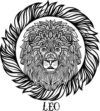 Aztek detaylı aslan çizgi sanat zentangle stili Telkari. Dövme, sayfa için yetişkin renklendirme. T-shirt hayvanlar tasarım. Zodyak leo. kabile, dekoratif yün desen. Vektör